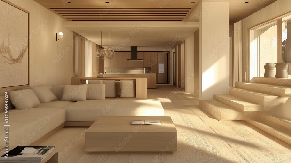 Fototapeta premium Modern interior design featuring a beige sofa, light wooden flooring, and soft decorative accents.
