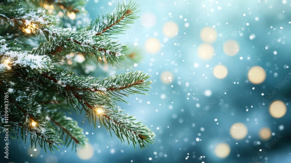 Snowy Pine Branch with Festive Lights and Bokeh Background Snowy Pine Branch with Festive Lights and Bokeh Background