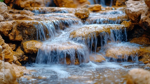 Close-up of a small waterfall cascading over smooth rocks in a tranquil garden setting.