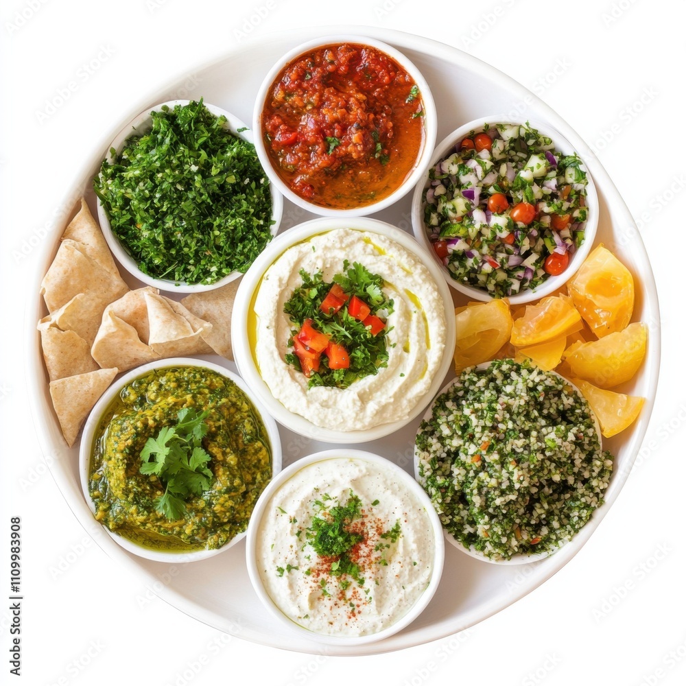 A platter of assorted Middle Eastern dips including baba ganoush and tabbouleh, isolated white background, expressionism art style A platter of assorted Middle Eastern dips including baba ganoush and tabbouleh, isolated white background, expressionism art style