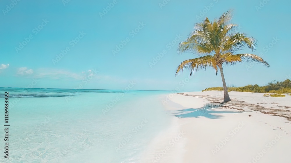 Lone palm tree on pristine white sand beach, turquoise ocean under a clear blue sky. Lone palm tree on pristine white sand beach, turquoise ocean under a clear blue sky.