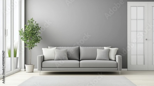 Minimalist design featuring a sleek gray couch, a neutral rug, and large glass doors.