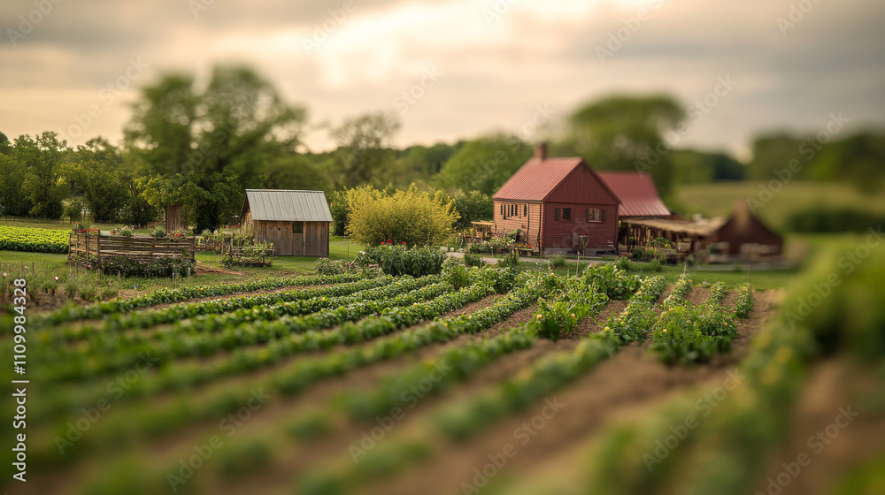Farm-to-Table Agritourism: Rustic Farm Scene with Tilt-Shift Effect Farm-to-Table Agritourism: Rustic Farm Scene with Tilt-Shift Effect