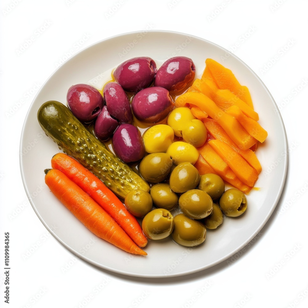 A platter of assorted pickled vegetables and olives, isolated white background, pop art style A platter of assorted pickled vegetables and olives, isolated white background, pop art style