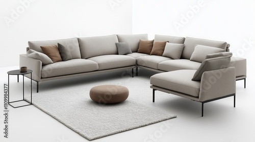 Minimalist interior design featuring a modular sectional, a neutral rug, and subtle decor.