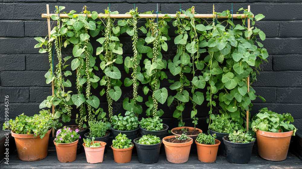 Balcony vegetable garden. A vibrant display of potted plants with lush green vines hanging on a wooden trellis against a dark wall, showcasing a garden aesthetic. Balcony vegetable garden. A vibrant display of potted plants with lush green vines hanging on a wooden trellis against a dark wall, showcasing a garden aesthetic.