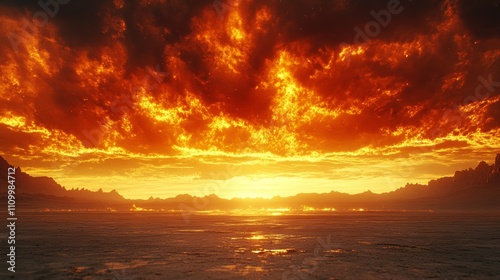 Fiery sunset over a barren landscape.