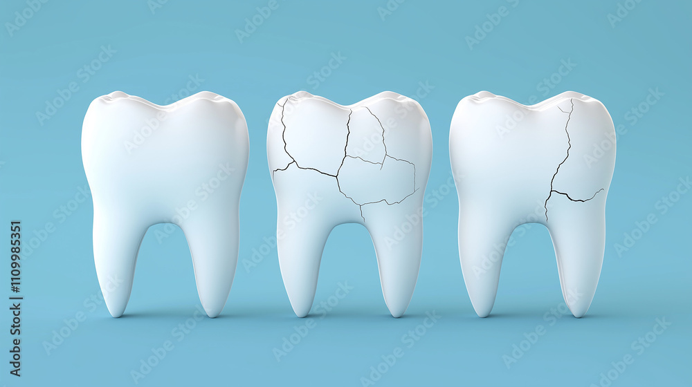Three cracked teeth on blue background symbolize dental fractures and need for repair. Three cracked teeth on blue background symbolize dental fractures and need for repair.