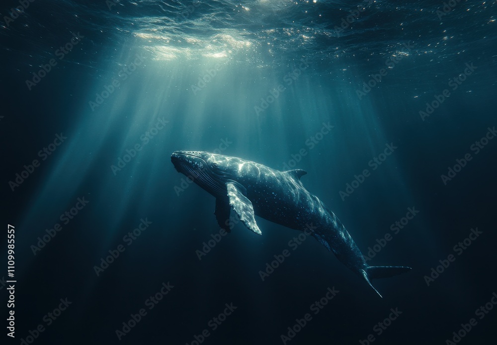 Fototapeta premium Majestic Humpback Whale Swimming Gracefully in Deep Ocean Waters Illuminated by Sunlight Rays Streaming from the Surface Above
