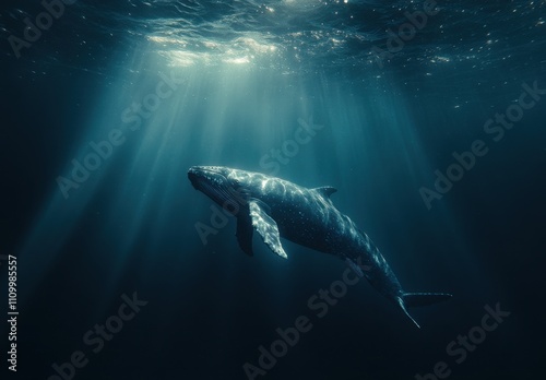 Majestic Humpback Whale Swimming Gracefully in Deep Ocean Waters Illuminated by Sunlight Rays Streaming from the Surface Above