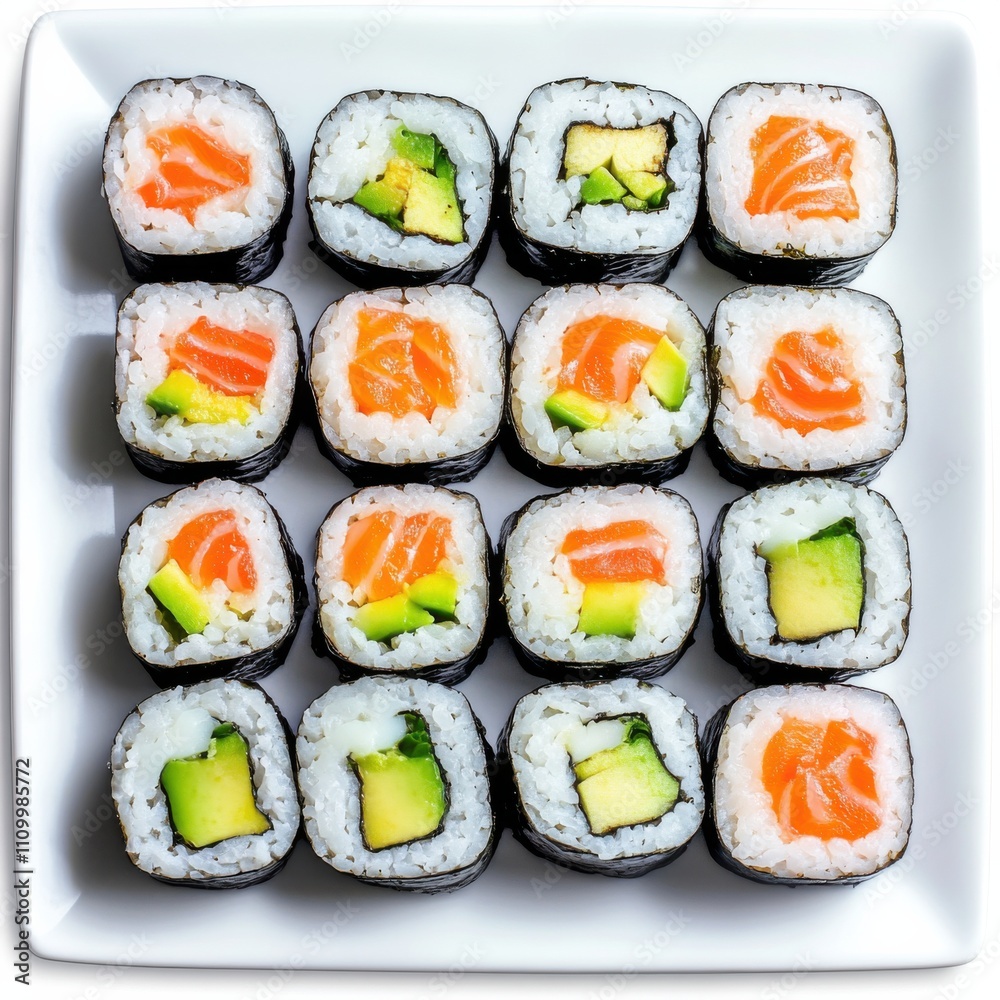 A platter of assorted sushi rolls with salmon, avocado, and crab A platter of assorted sushi rolls with salmon, avocado, and crab