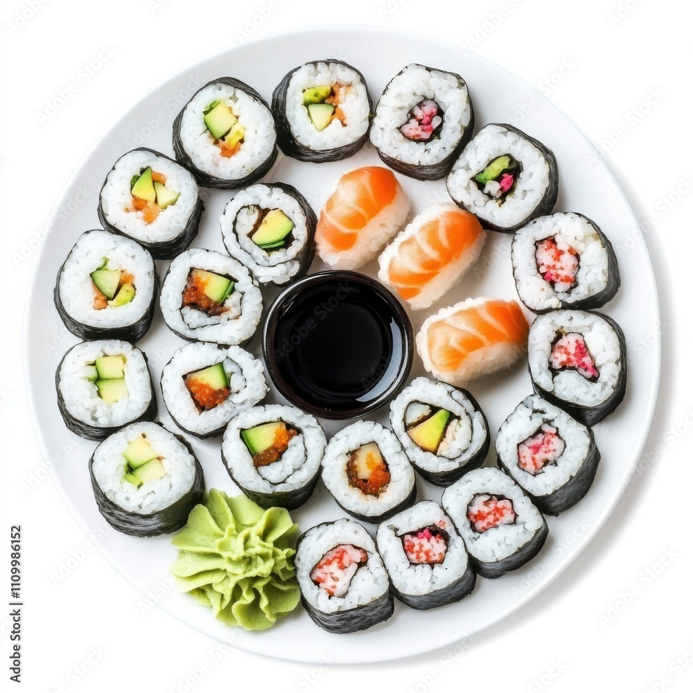 A platter of assorted sushi rolls with soy sauce and pickled ginger, isolated white background, contemporary art style A platter of assorted sushi rolls with soy sauce and pickled ginger, isolated white background, contemporary art style
