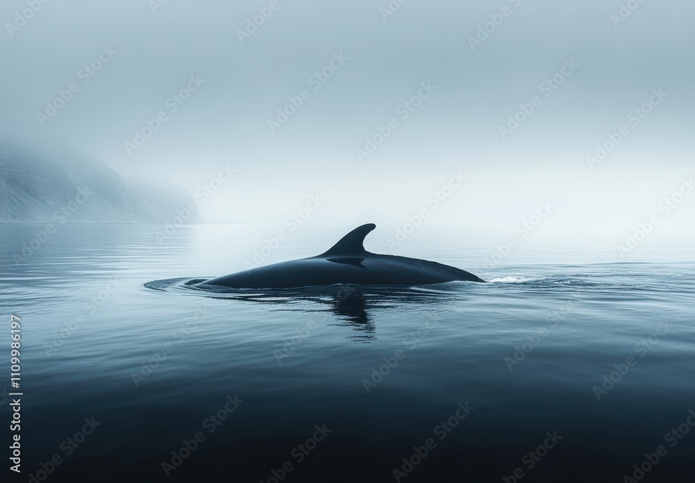 Naklejka premium Majestic Orca Fin Breaking Through Foggy Waters in Serene Landscape, Evoking Calmness and Mystery in Oceanic Environment