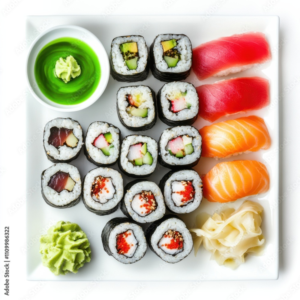 A platter of assorted sushi rolls with soy sauce and wasabi, isolated white background, contemporary art style A platter of assorted sushi rolls with soy sauce and wasabi, isolated white background, contemporary art style