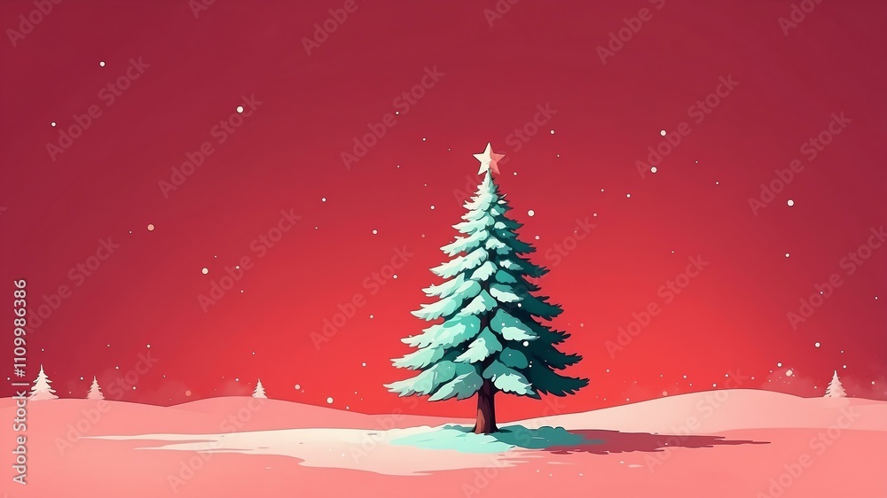 Christmas fir tree isolated on a red background with space for text. Watercolor style Christmas fir tree isolated on a red background with space for text. Watercolor style