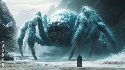 Gigantic Glacial Arachnid: A digital painting of a colossal ice spider looming over a lone figure on a desolate beach, framed by imposing rock formations. photo