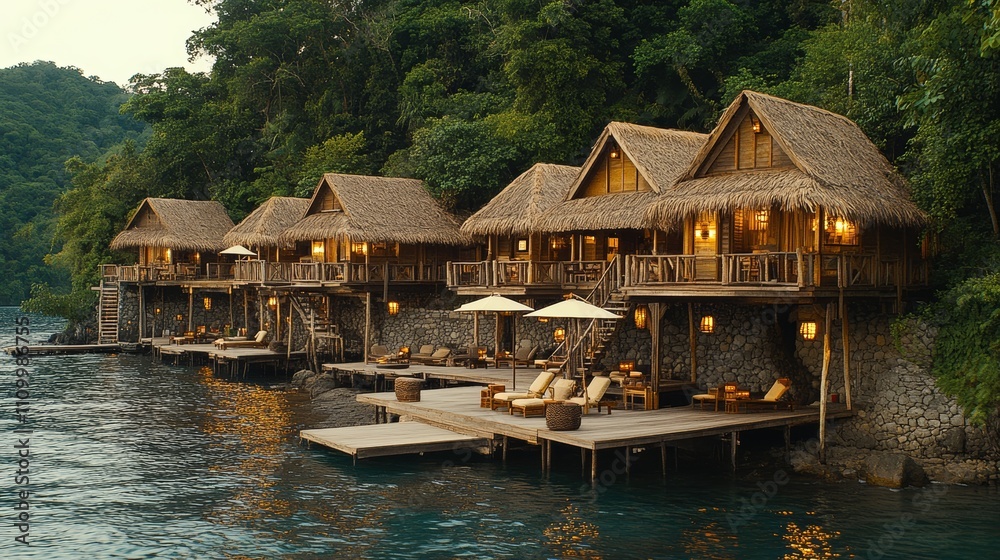 Row of wooden bungalows on stilts over the water at sunset. Row of wooden bungalows on stilts over the water at sunset.