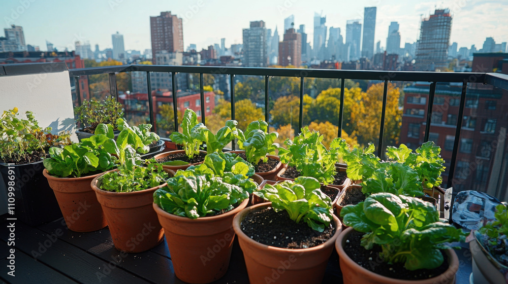 Balcony vegetable garden. A vibrant balcony garden showcases leafy greens in terracotta pots, with a stunning city skyline in the background. Balcony vegetable garden. A vibrant balcony garden showcases leafy greens in terracotta pots, with a stunning city skyline in the background.