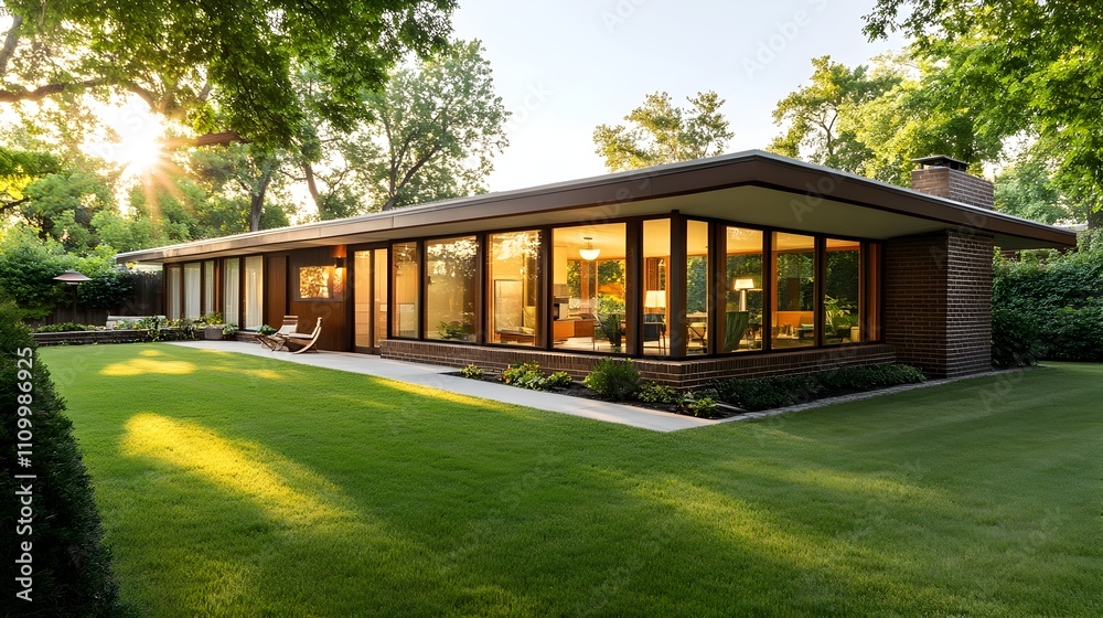 Stunning modern home with glass walls nestled in lush green landscape bathed in golden sunset light Stunning modern home with glass walls nestled in lush green landscape bathed in golden sunset light