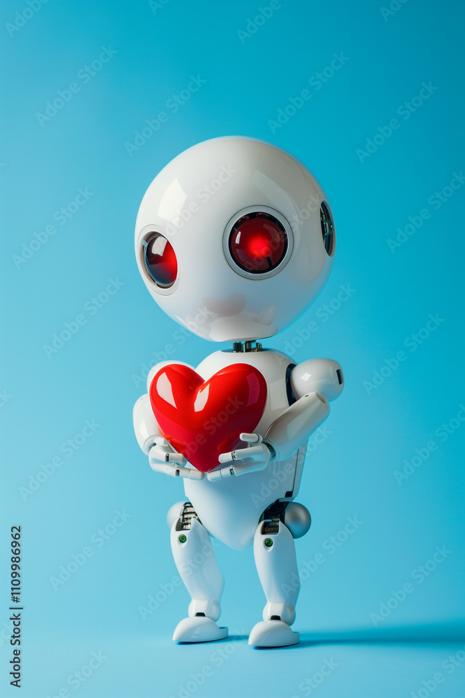 Futuristic white robot with red eyes holding a red heart symbolizing ai love on blue background Futuristic white robot with red eyes holding a red heart symbolizing ai love on blue background