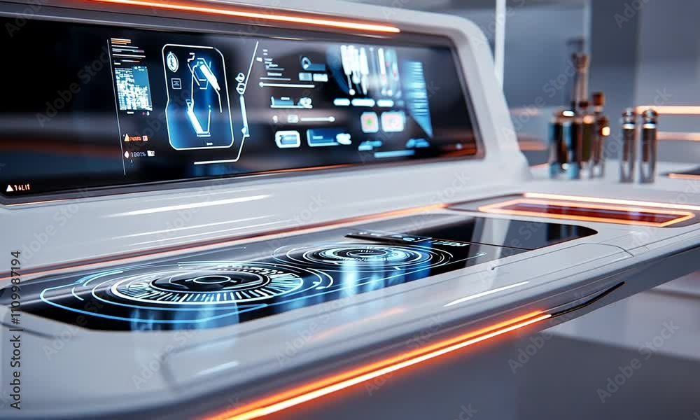 A futuristic kitchen countertop with interactive touch controls and sleek design elements. A futuristic kitchen countertop with interactive touch controls and sleek design elements.