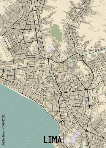 The image showcases a detailed map of Lima, Peru. The map is rendered in a minimalist style with a beige background and black lines representing streets and roads.