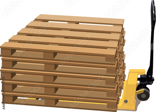 Yellow hydraulic pallet truck trolley and stack of wooden pallets. Vector illustration isolated on white