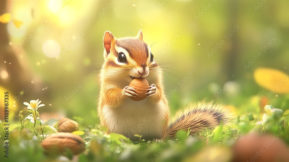 Adorable Chipmunk Eating Nut In Sunny Meadow Adorable Chipmunk Eating Nut In Sunny Meadow