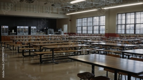 Cafe: Rows of long tables and benches in a clean school cafeteria