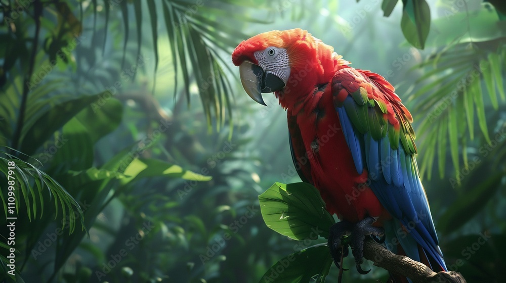 Scarlet Macaw in Lush Tropical Rainforest Setting Scarlet Macaw in Lush Tropical Rainforest Setting