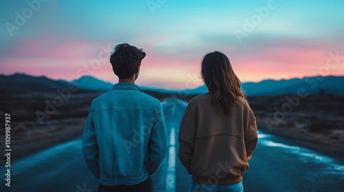 Man and Woman Facing Opposite Directions at Sunset photo