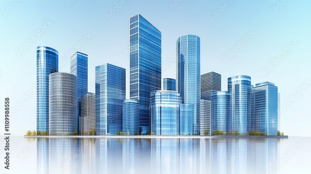 Fototapeta premium Modern city skyline with skyscrapers reflecting on calm water. Ideal for real estate, urban development, and business presentations.