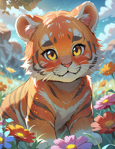 A little tiger cub resting in a sunny meadow surrounded by colorful flowers.