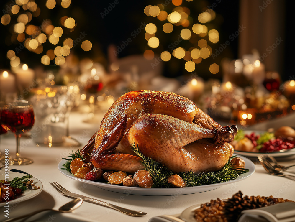 A top-down view of a roasted turkey, golden and basted to perfection, on a white serving plate. A top-down view of a roasted turkey, golden and basted to perfection, on a white serving plate.