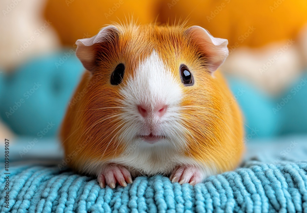 Adorable Orange and White Guinea Pig on Soft Blue Textile Adorable Orange and White Guinea Pig on Soft Blue Textile