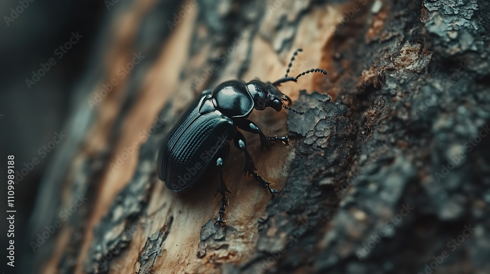 Black Beetle Crawling On Tree Bark Surface Black Beetle Crawling On Tree Bark Surface