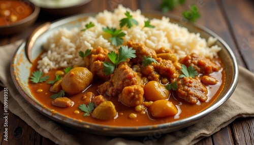 Delicious Indian meal with curry and rice on wooden table