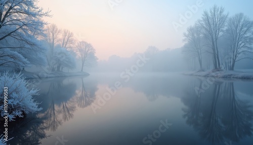 Snow-covered lake at sunrise with foggy landscape