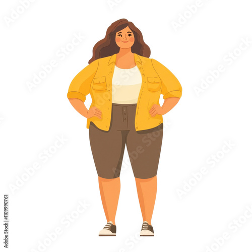 A confident woman stands with hands on hips, dressed in casual attire. Her warm expression conveys a sense of empowerment and self-assuredness. photo
