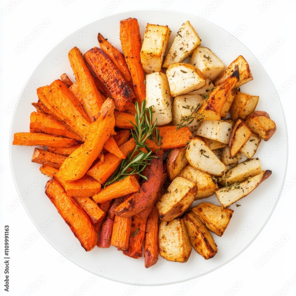 A platter of roasted root vegetables: carrots, parsnips, and potatoes A platter of roasted root vegetables: carrots, parsnips, and potatoes