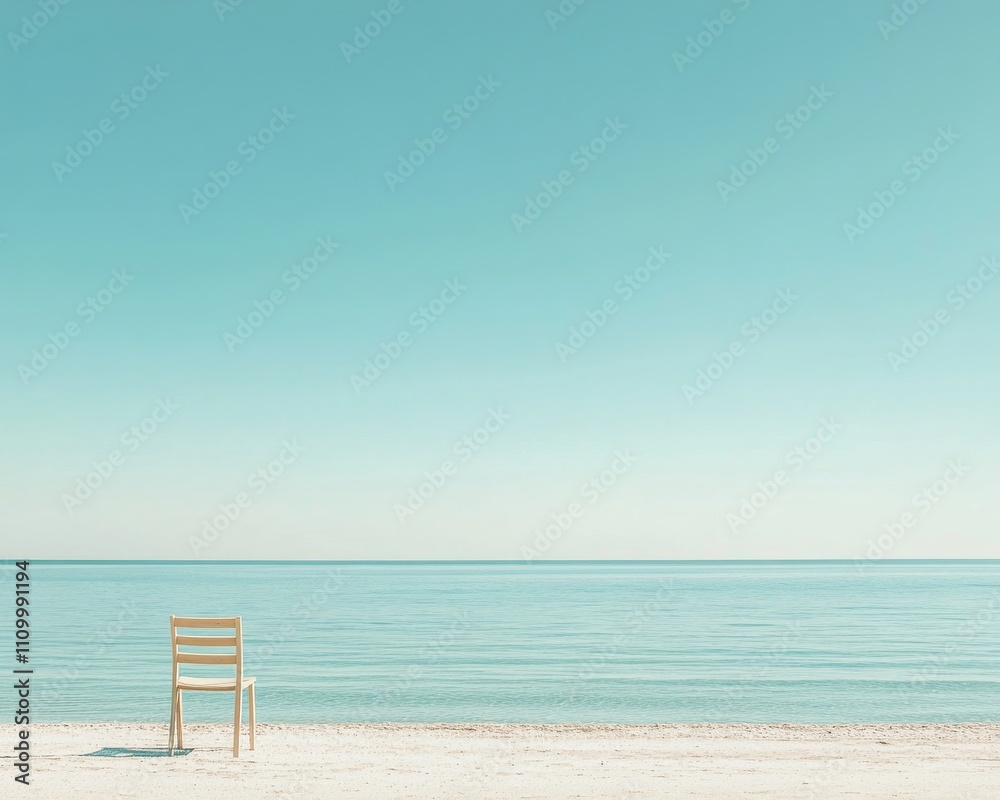 Tranquil Beach Scene with Wooden Chair in Pastel Tones Tranquil Beach Scene with Wooden Chair in Pastel Tones