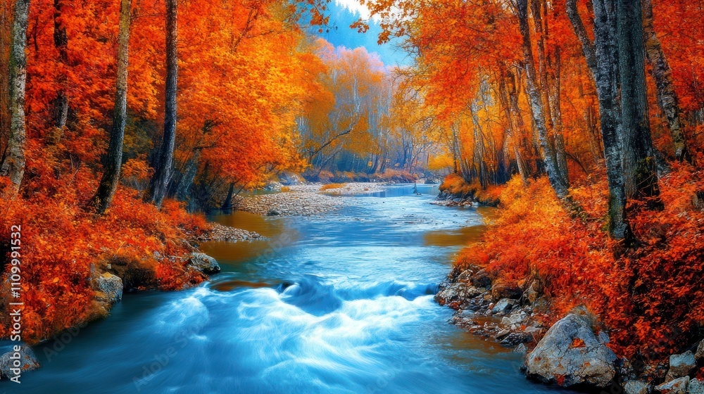 Vibrant autumn foliage along a flowing river in a forest. Vibrant autumn foliage along a flowing river in a forest.