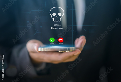 Fotografie Phone scam alert with hacker and scammer calling unknown number, cybercrime, dat