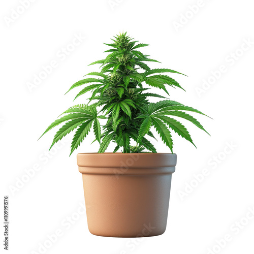 A vibrant green cannabis plant thriving in a simple terracotta pot, showcasing its healthy leaves and strong structure, ideal for gardening enthusiasts.