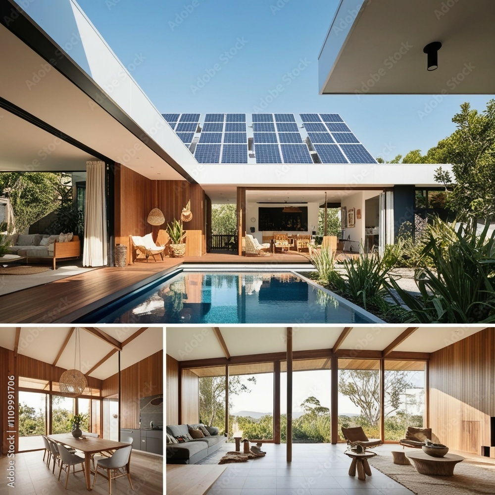 Fototapeta premium Imagine stepping into a modern, sustainable home that seamlessly blends style with eco-friendliness. Describe the exterior and interior features of this contemporary house, highlighting the use of sol