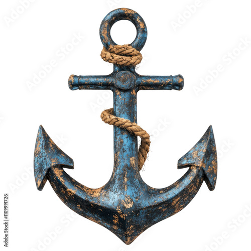 A vintage blue anchor adorned with a rope, symbolizing maritime heritage and adventure, perfect for nautical-themed projects and designs.