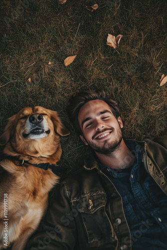 Happy joyful man lying on the grass with his dog