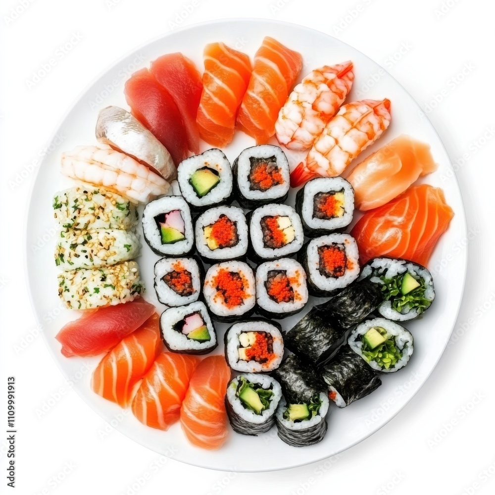 A platter of sushi rolls with assorted fish and seaweed, isolated white background, abstract art style A platter of sushi rolls with assorted fish and seaweed, isolated white background, abstract art style