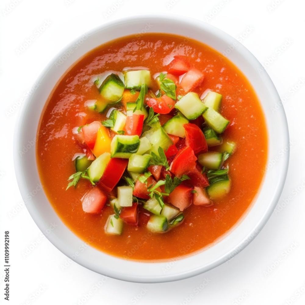 A refreshing bowl of gazpacho soup garnished with diced vegetables, isolated white background, surreal art style A refreshing bowl of gazpacho soup garnished with diced vegetables, isolated white background, surreal art style
