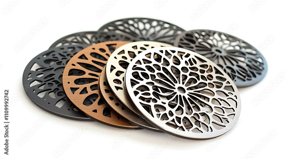 Stack of decorative laser-cut coasters in various colors and metallic finishes, isolated on white background. Stack of decorative laser-cut coasters in various colors and metallic finishes, isolated on white background.